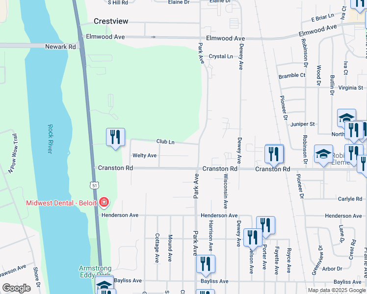 map of restaurants, bars, coffee shops, grocery stores, and more near 824 Club Lane in Beloit
