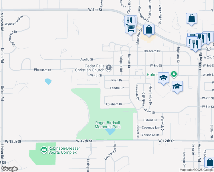 map of restaurants, bars, coffee shops, grocery stores, and more near 510 Jessica Lane in Cedar Falls