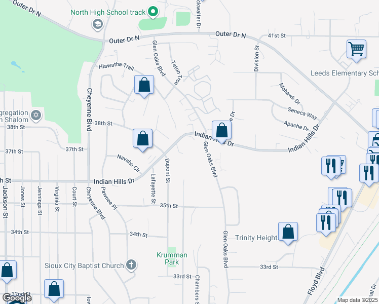 map of restaurants, bars, coffee shops, grocery stores, and more near 1800 Indian Hills Drive in Sioux City