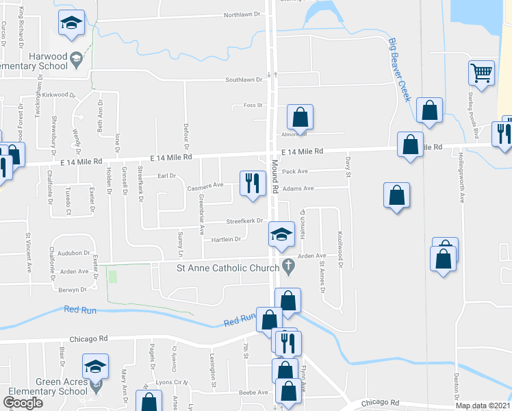map of restaurants, bars, coffee shops, grocery stores, and more near 32683 Mound Road in Warren