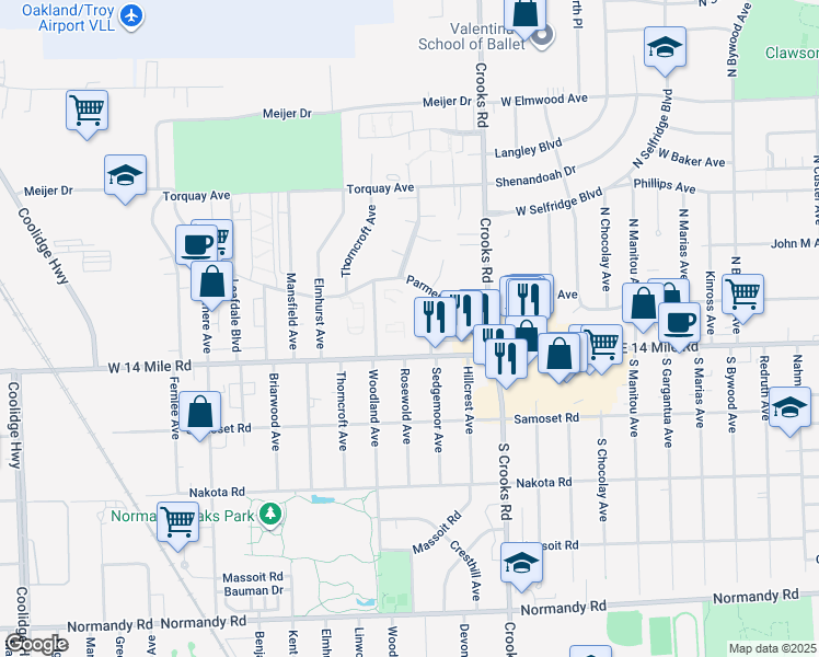 map of restaurants, bars, coffee shops, grocery stores, and more near 4824 Woodland Avenue in Royal Oak