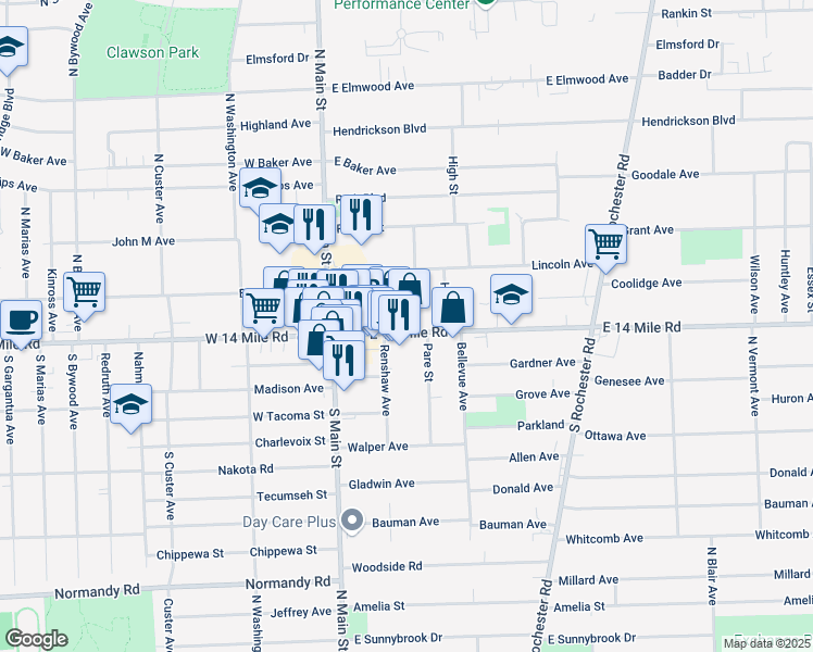 map of restaurants, bars, coffee shops, grocery stores, and more near 243 East 14 Mile Road in Clawson