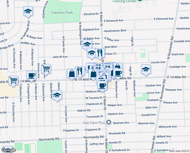 map of restaurants, bars, coffee shops, grocery stores, and more near 96 West 14 Mile Road in Clawson