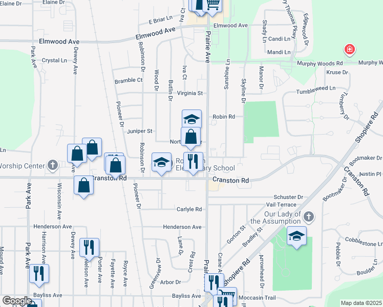 map of restaurants, bars, coffee shops, grocery stores, and more near 2240 Prairie Avenue in Beloit