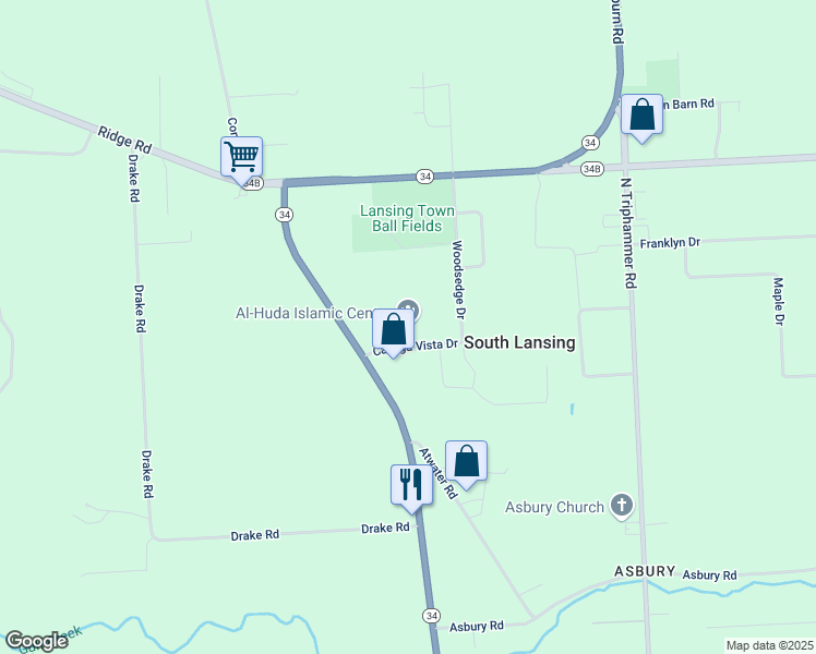 map of restaurants, bars, coffee shops, grocery stores, and more near 10 Cayuga Vista Drive in Lansing