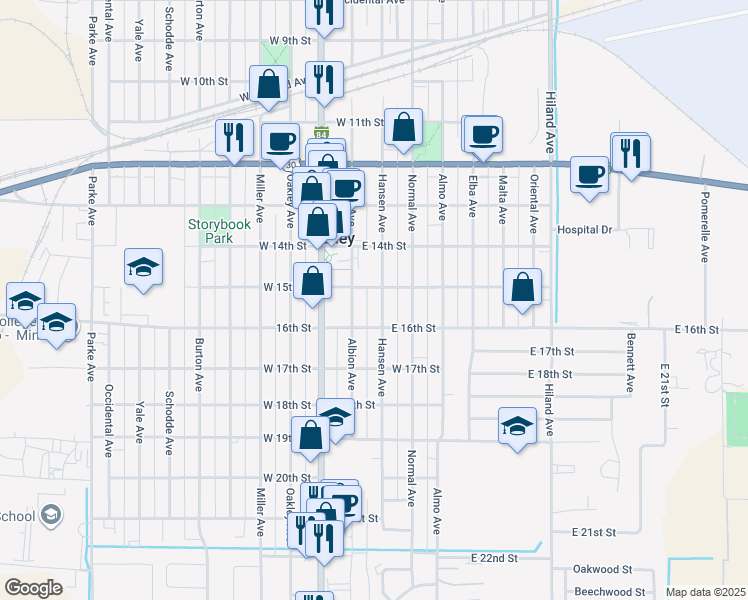 map of restaurants, bars, coffee shops, grocery stores, and more near 203 East 15th Street in Burley