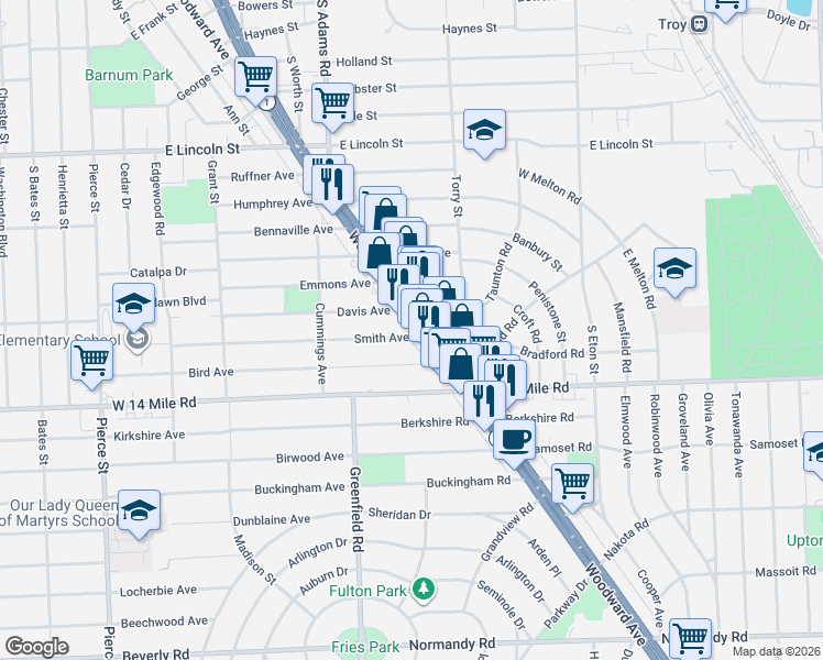 map of restaurants, bars, coffee shops, grocery stores, and more near 33301 Woodward Avenue in Birmingham