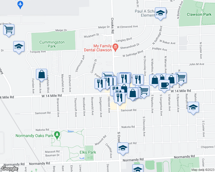 map of restaurants, bars, coffee shops, grocery stores, and more near 4849 Crooks Road in Royal Oak