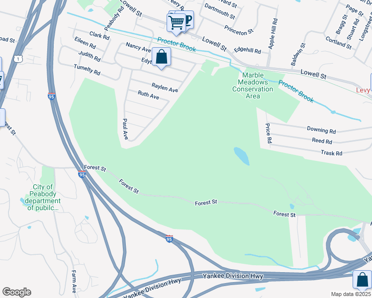map of restaurants, bars, coffee shops, grocery stores, and more near 47 Paul Avenue in Peabody