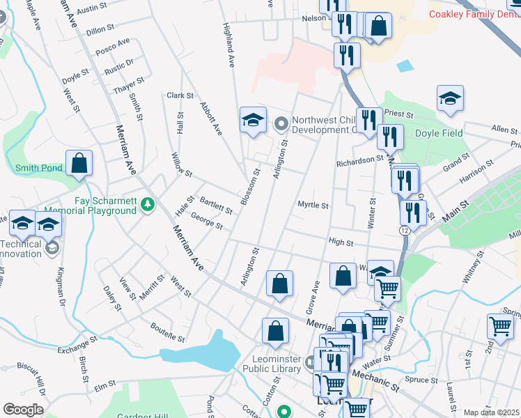 map of restaurants, bars, coffee shops, grocery stores, and more near 101 Arlington Street in Leominster