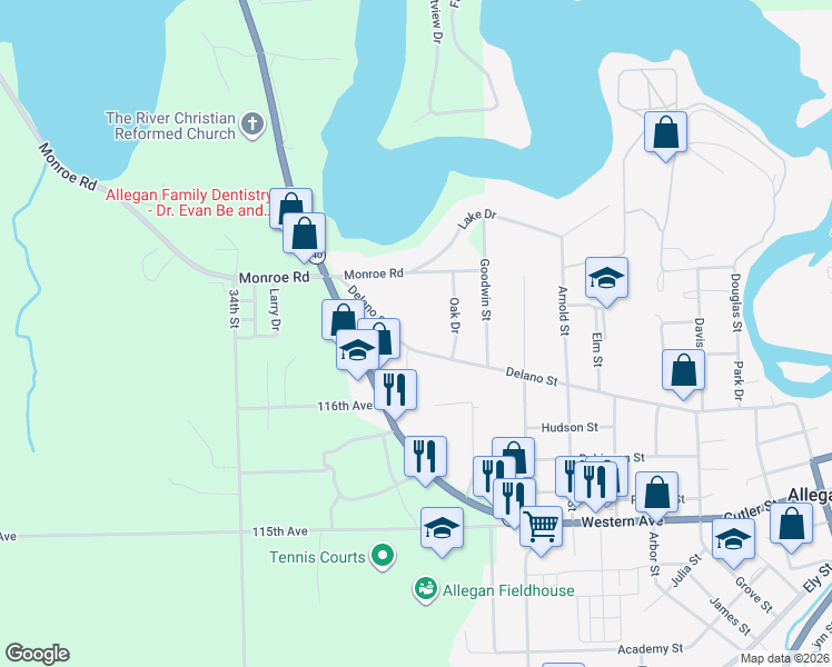 map of restaurants, bars, coffee shops, grocery stores, and more near 3329 Delano Street in Allegan