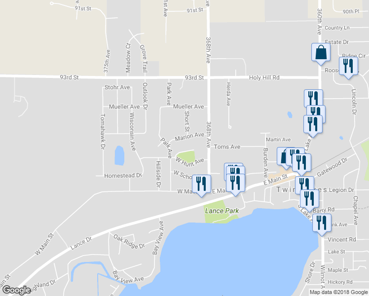 map of restaurants, bars, coffee shops, grocery stores, and more near 154 Sunset Court in Twin Lakes