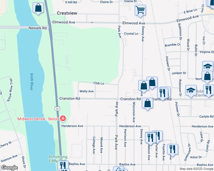 map of restaurants, bars, coffee shops, grocery stores, and more near 824 Club Lane in Beloit