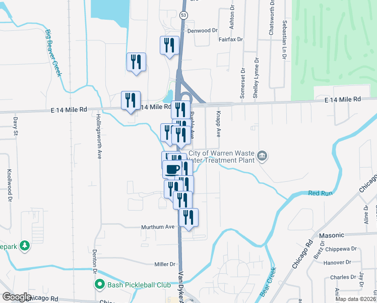 map of restaurants, bars, coffee shops, grocery stores, and more near 32600 Ruehle Avenue in Warren