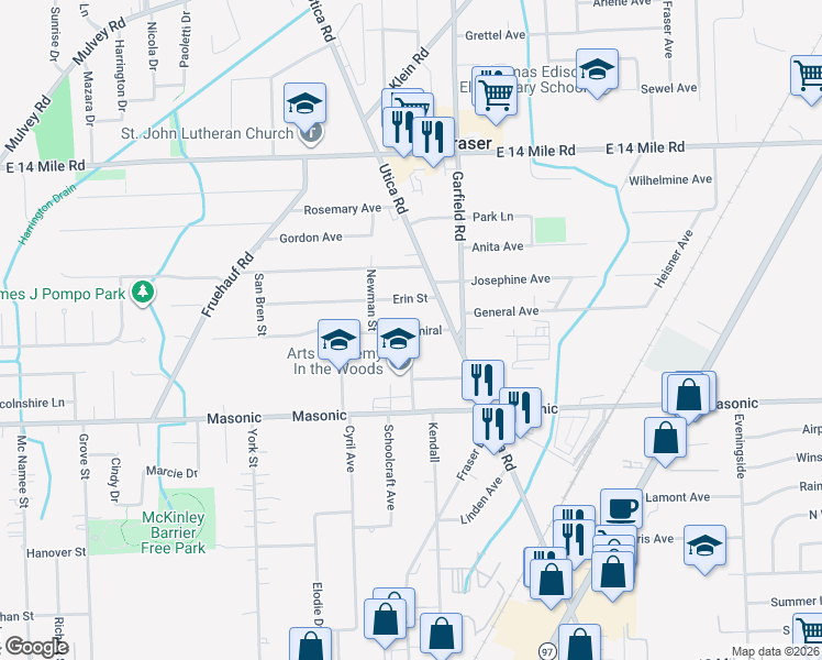 map of restaurants, bars, coffee shops, grocery stores, and more near 16175 Admiral in Fraser