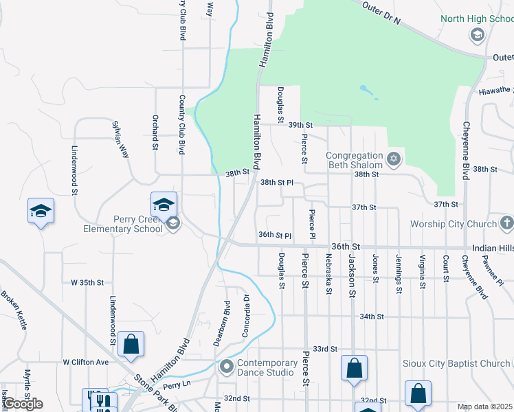 map of restaurants, bars, coffee shops, grocery stores, and more near 301 37th Street Place in Sioux City