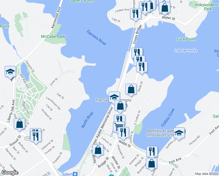 map of restaurants, bars, coffee shops, grocery stores, and more near 40 March Street in Salem