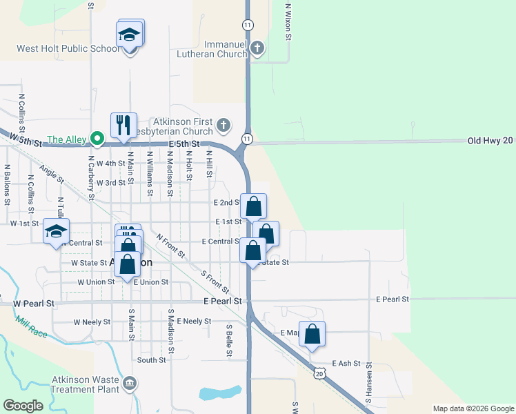 map of restaurants, bars, coffee shops, grocery stores, and more near 375 North Hyde Street in Atkinson