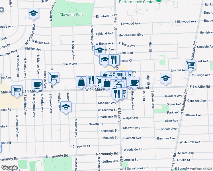 map of restaurants, bars, coffee shops, grocery stores, and more near 96 West 14 Mile Road in Clawson