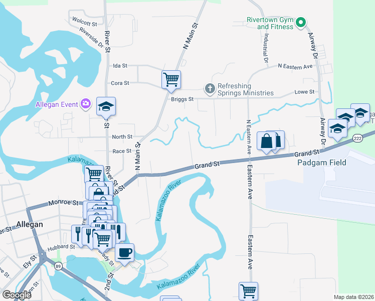 map of restaurants, bars, coffee shops, grocery stores, and more near 5 Weeks Street in Allegan