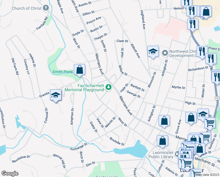map of restaurants, bars, coffee shops, grocery stores, and more near 44 Hall Street in Leominster