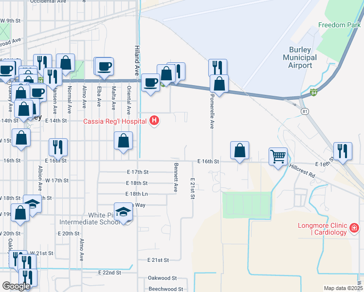 map of restaurants, bars, coffee shops, grocery stores, and more near 1220 East 16th Street in Burley