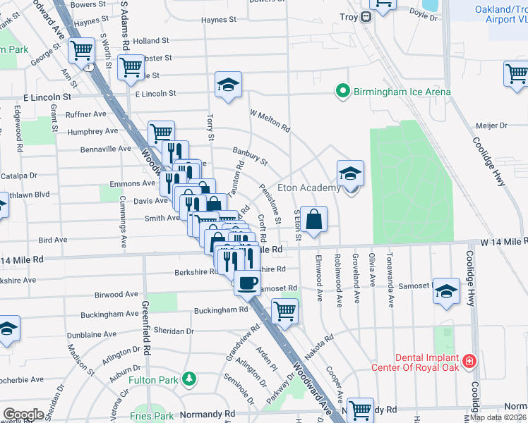 map of restaurants, bars, coffee shops, grocery stores, and more near 1715 Croft Road in Birmingham