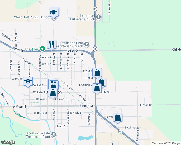 map of restaurants, bars, coffee shops, grocery stores, and more near 601-699 East 2nd Street in Atkinson