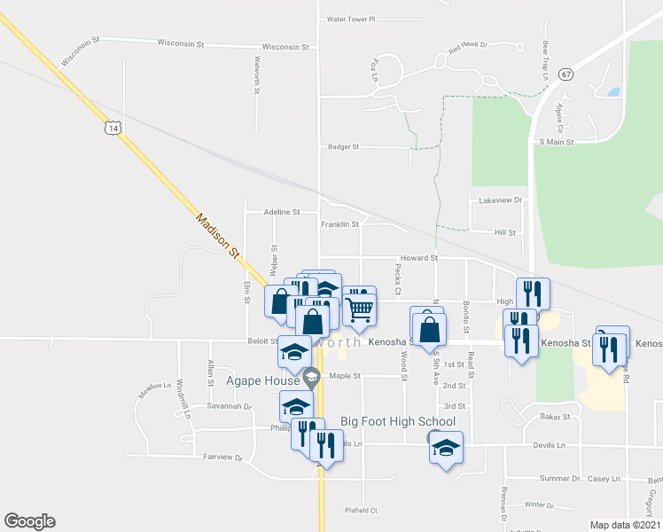 map of restaurants, bars, coffee shops, grocery stores, and more near 278 N Main St in Walworth