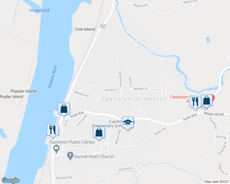 map of restaurants, bars, coffee shops, grocery stores, and more near 32 Benedict Street in Castleton-on-Hudson