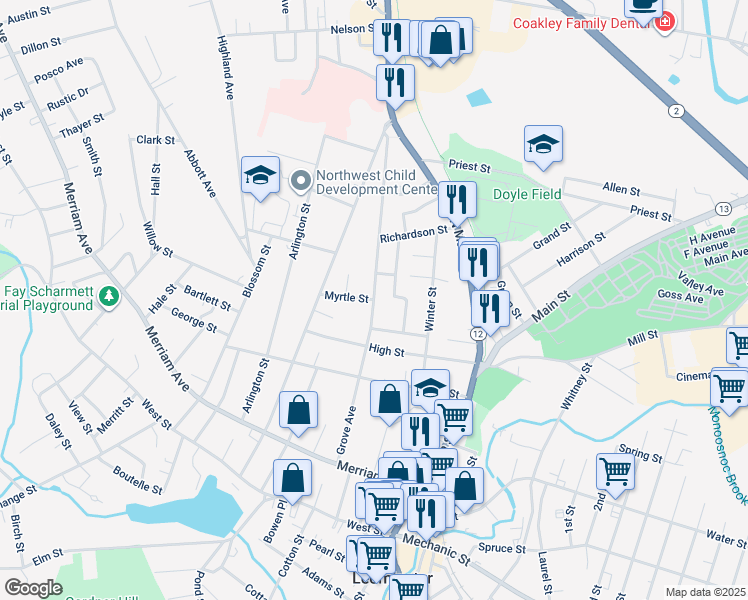 map of restaurants, bars, coffee shops, grocery stores, and more near Grove Avenue in Leominster