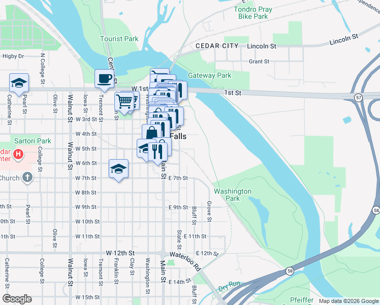 map of restaurants, bars, coffee shops, grocery stores, and more near 221 East 5th Street in Cedar Falls