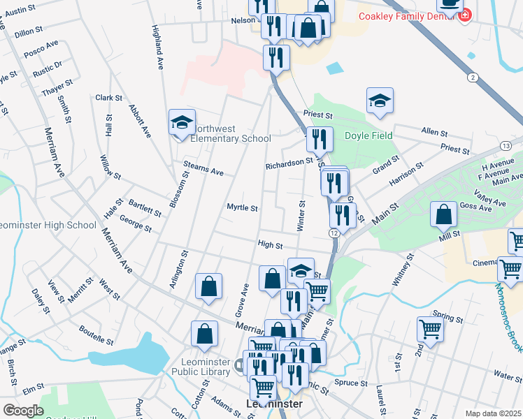 map of restaurants, bars, coffee shops, grocery stores, and more near Grove Avenue in Leominster