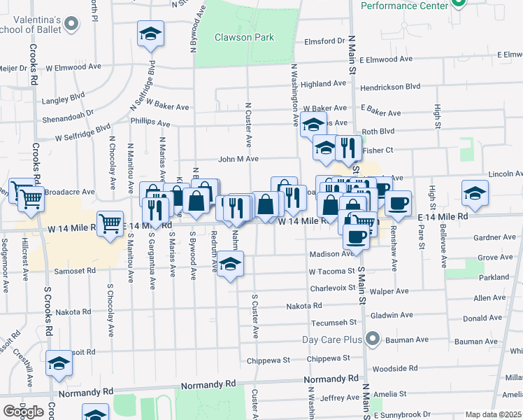 map of restaurants, bars, coffee shops, grocery stores, and more near 40 North Custer Avenue in Clawson