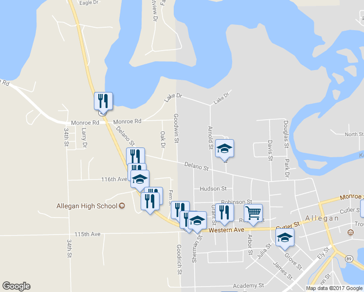 map of restaurants, bars, coffee shops, grocery stores, and more near 126 Goodwin Drive in Allegan