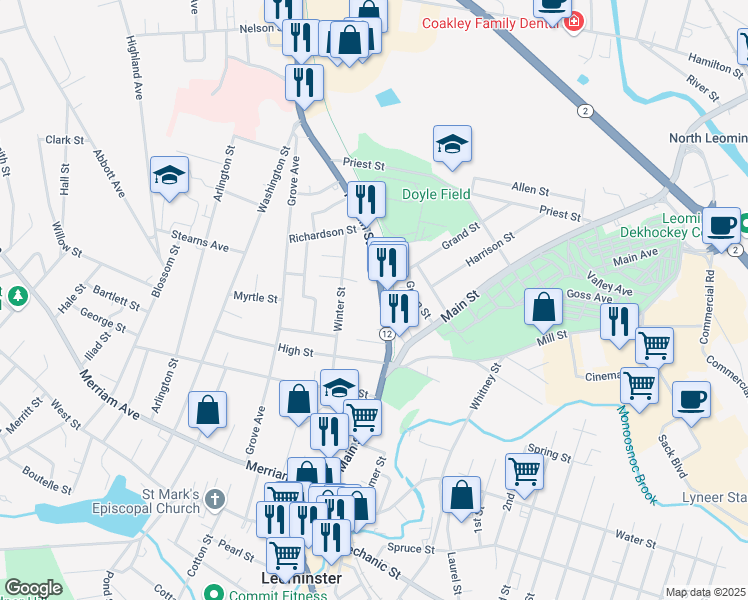 map of restaurants, bars, coffee shops, grocery stores, and more near 56 North Main Street in Leominster
