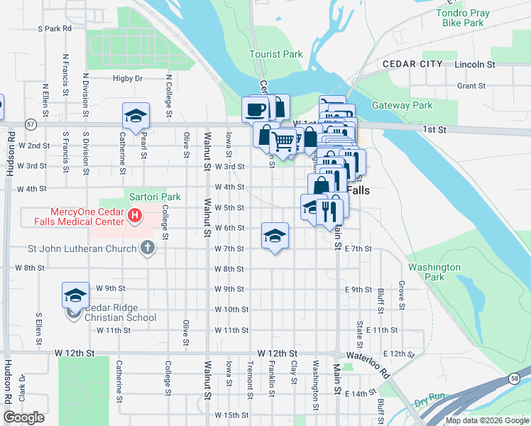 map of restaurants, bars, coffee shops, grocery stores, and more near 504 Franklin Street in Cedar Falls