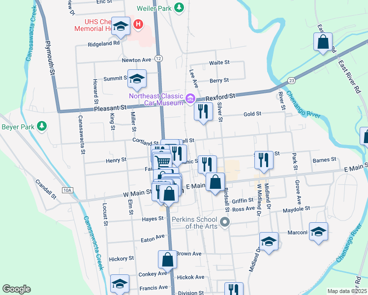 map of restaurants, bars, coffee shops, grocery stores, and more near 14 Mitchell Street in Norwich
