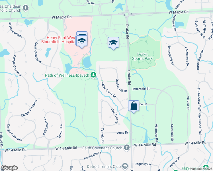 map of restaurants, bars, coffee shops, grocery stores, and more near 7075 Indian Creek Drive in West Bloomfield Township