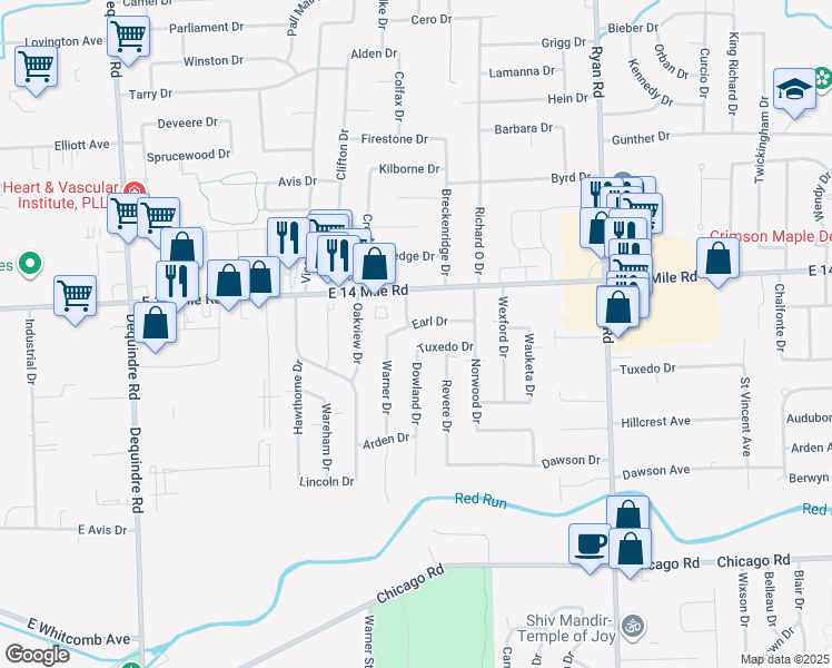 map of restaurants, bars, coffee shops, grocery stores, and more near 3014 Earl Drive in Warren