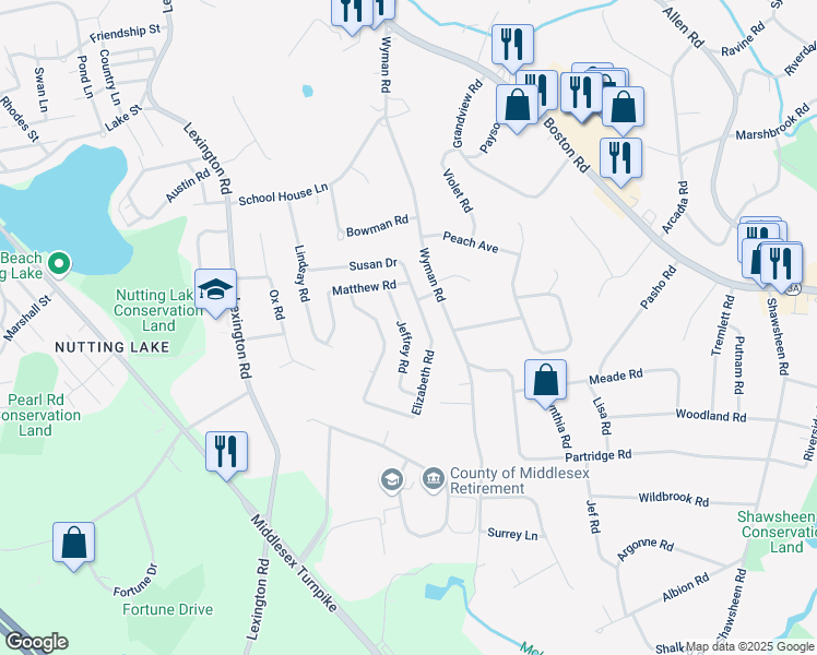 map of restaurants, bars, coffee shops, grocery stores, and more near 10 Jeffrey Road in Billerica