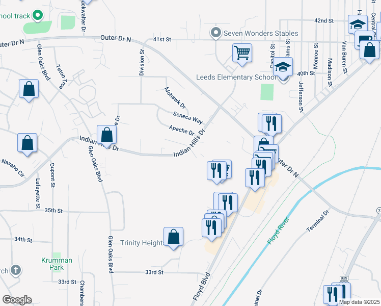map of restaurants, bars, coffee shops, grocery stores, and more near 2639 Apache Court in Sioux City