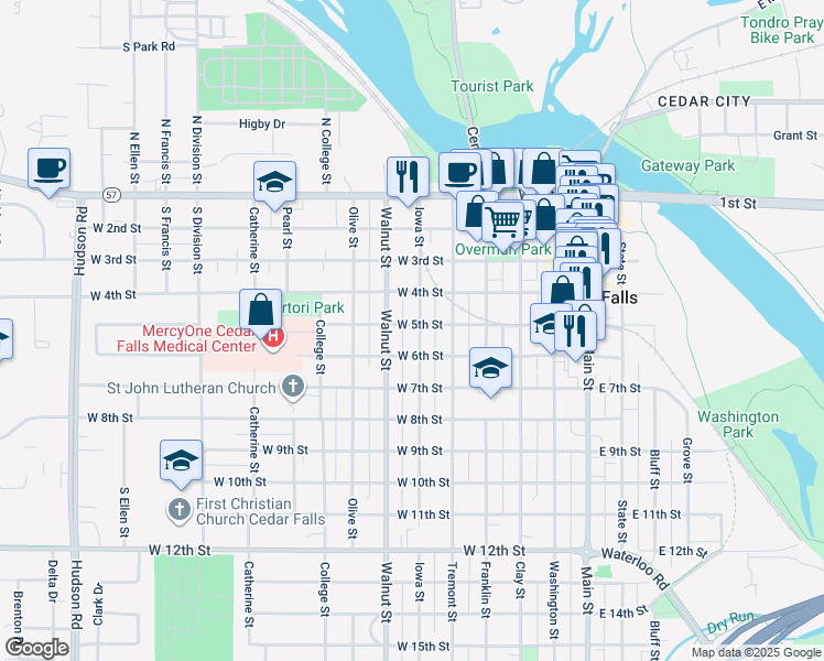 map of restaurants, bars, coffee shops, grocery stores, and more near 503 Iowa Street in Cedar Falls