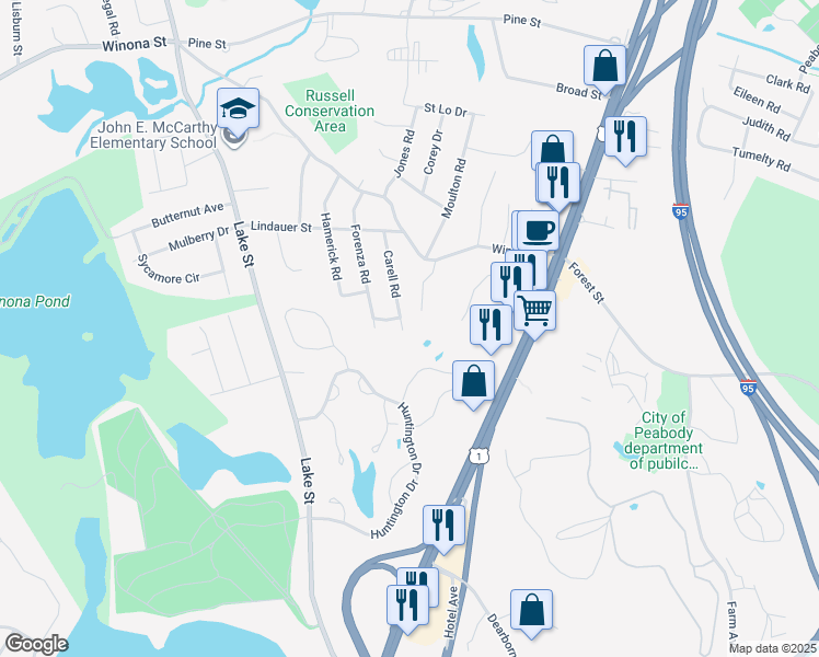 map of restaurants, bars, coffee shops, grocery stores, and more near 16 Carell Road in Peabody