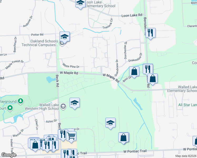 map of restaurants, bars, coffee shops, grocery stores, and more near 2041 West Maple Road in Oakland County