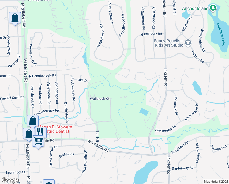map of restaurants, bars, coffee shops, grocery stores, and more near 5030 Wallbrook Court in West Bloomfield Township