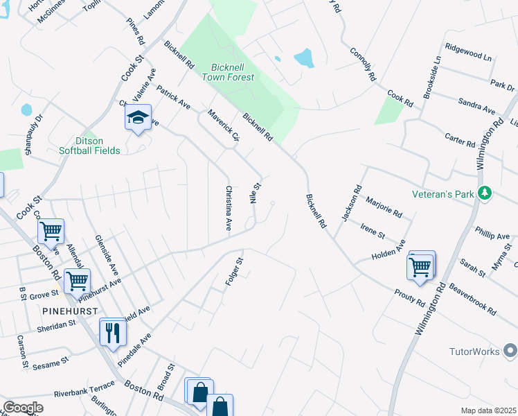 map of restaurants, bars, coffee shops, grocery stores, and more near 33 Nile Street in Billerica