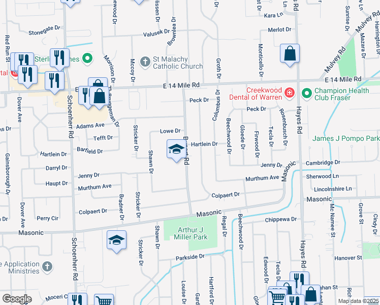 map of restaurants, bars, coffee shops, grocery stores, and more near 32442 Bunert Road in Warren