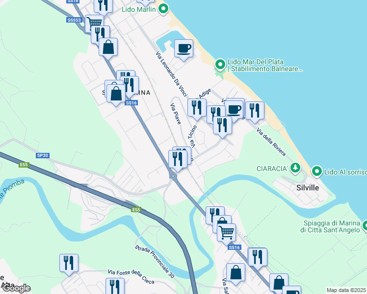 map of restaurants, bars, coffee shops, grocery stores, and more near 44 Via Piave in Silvi