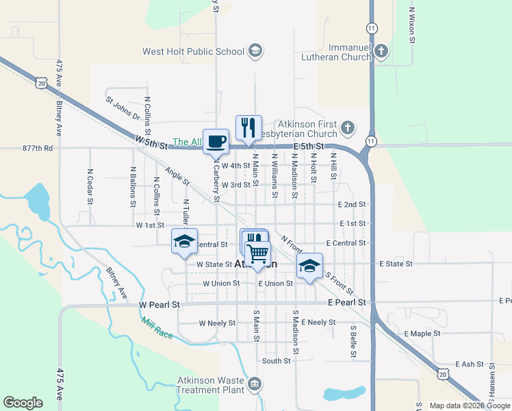 map of restaurants, bars, coffee shops, grocery stores, and more near 100 East 2nd Street in Atkinson